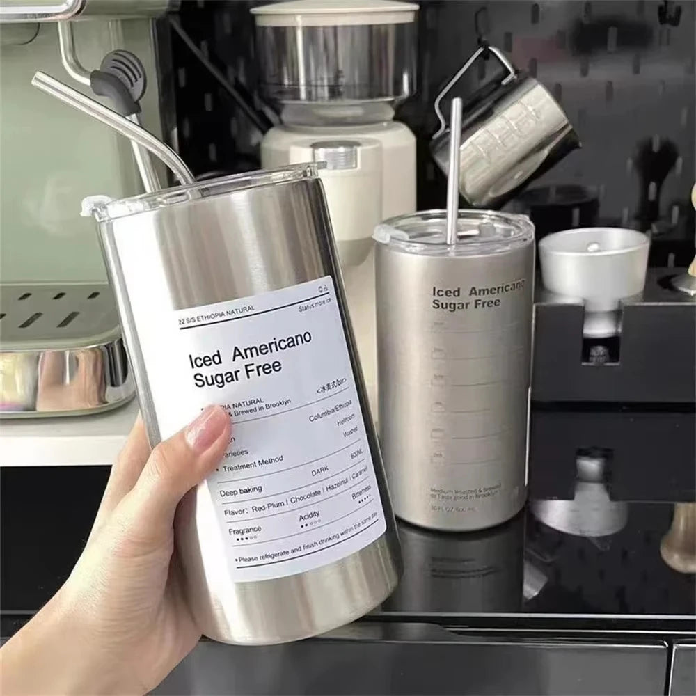 600ML Stainless Steel Insulated Cup with Straw Double-Layer Reusable Tumbler for Iced Americano Coffee Water Portable Travel Mug