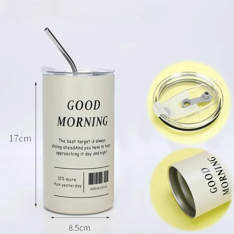600ML Stainless Steel Insulated Cup with Straw Double-Layer Reusable Tumbler for Iced Americano Coffee Water Portable Travel Mug