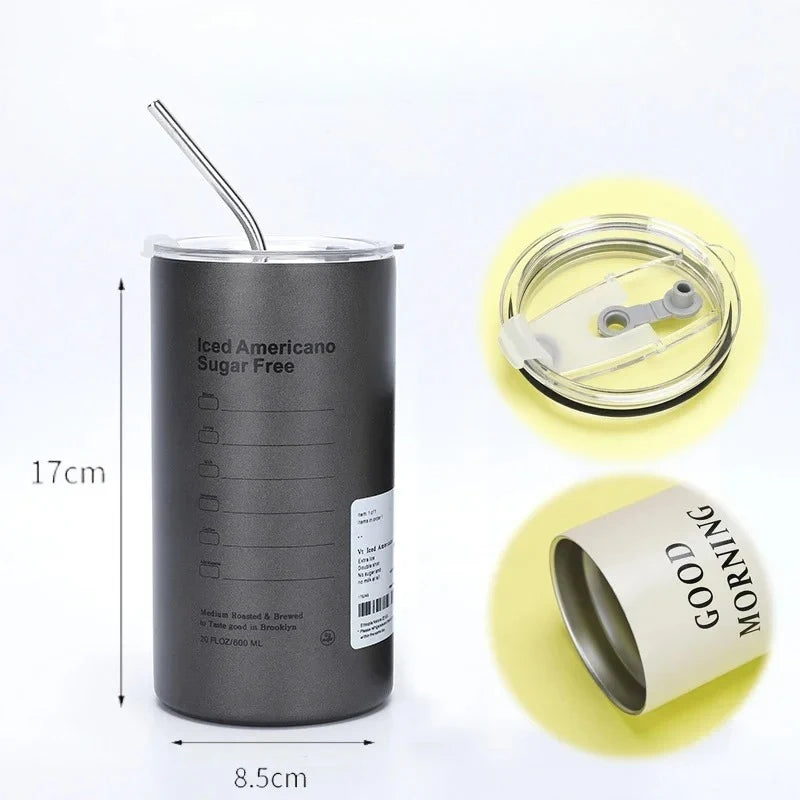 600ML Stainless Steel Insulated Cup with Straw Double-Layer Reusable Tumbler for Iced Americano Coffee Water Portable Travel Mug