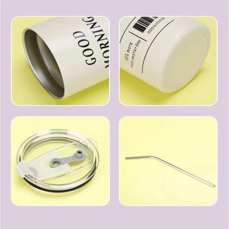 600ML Stainless Steel Insulated Cup with Straw Double-Layer Reusable Tumbler for Iced Americano Coffee Water Portable Travel Mug