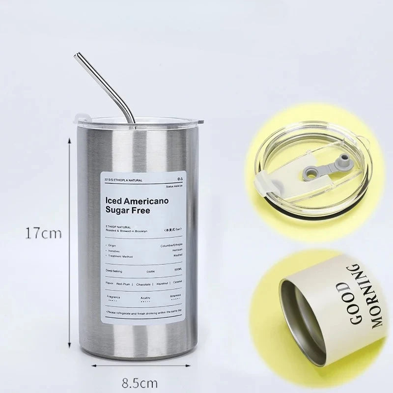 600ML Stainless Steel Insulated Cup with Straw Double-Layer Reusable Tumbler for Iced Americano Coffee Water Portable Travel Mug